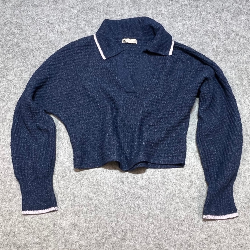 SO Goods For Life Blue Marled Cropped Polo Sweater Lavender Trim Y2K‎ XS